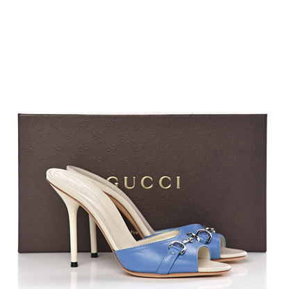 Gucci Malaga Kid Horsebit High Heel Slide Sandals 37.5 Light Splash 10 of 10