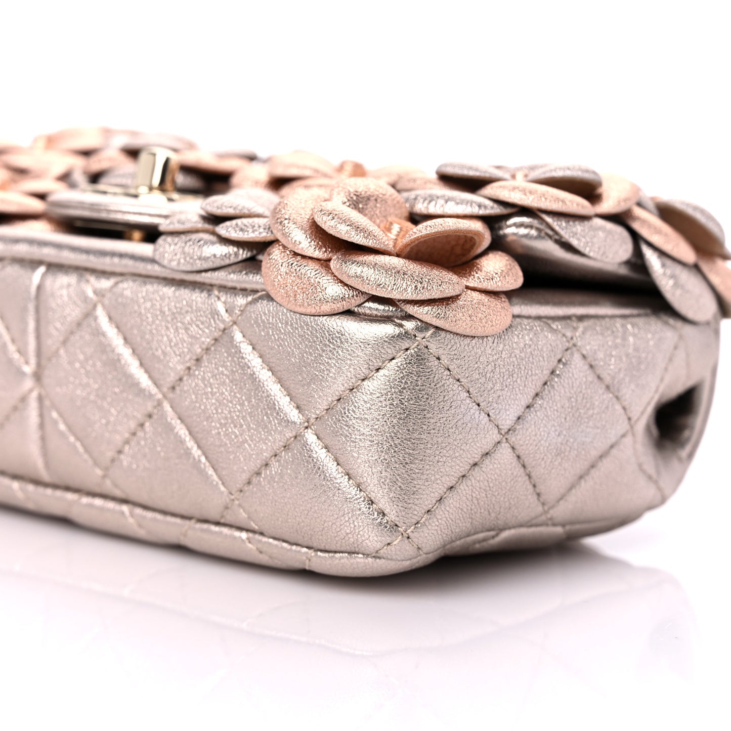 Metallic Lambskin Quilted Mini Camellia Flap Silver Gold