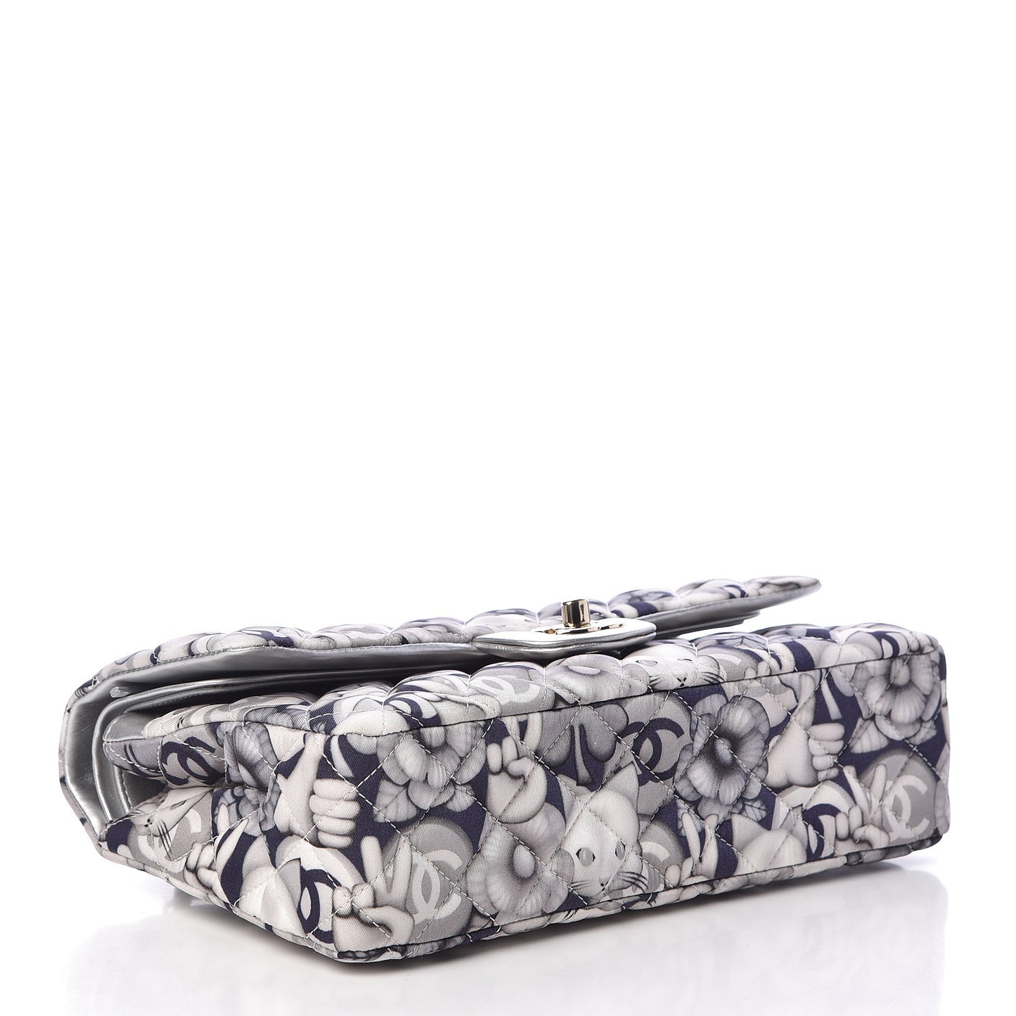 Nylon Quilted Medium Cat Emoticon Double Flap Navy Grey Ecru