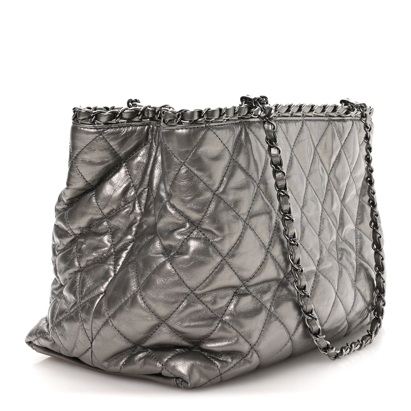 Metallic Calfskin Small Chain Me Tote Silver