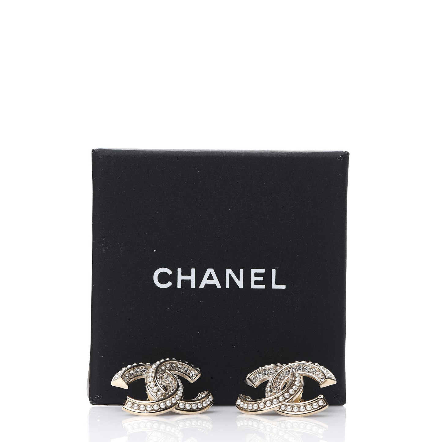 Crystal Pearl Chain Mania CC Earrings Gold