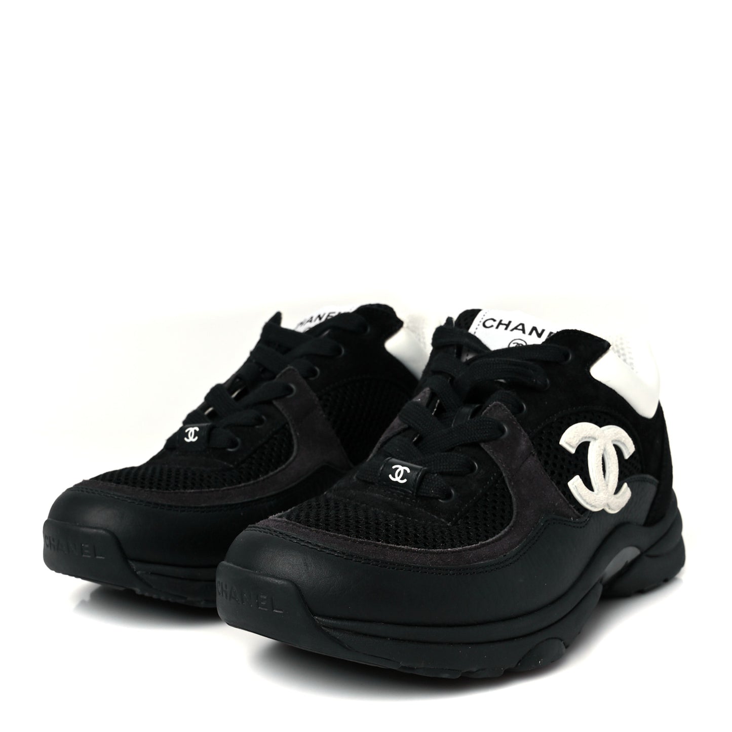 Mesh Suede Grained Calfskin Womens CC Sneakers 37 Black White