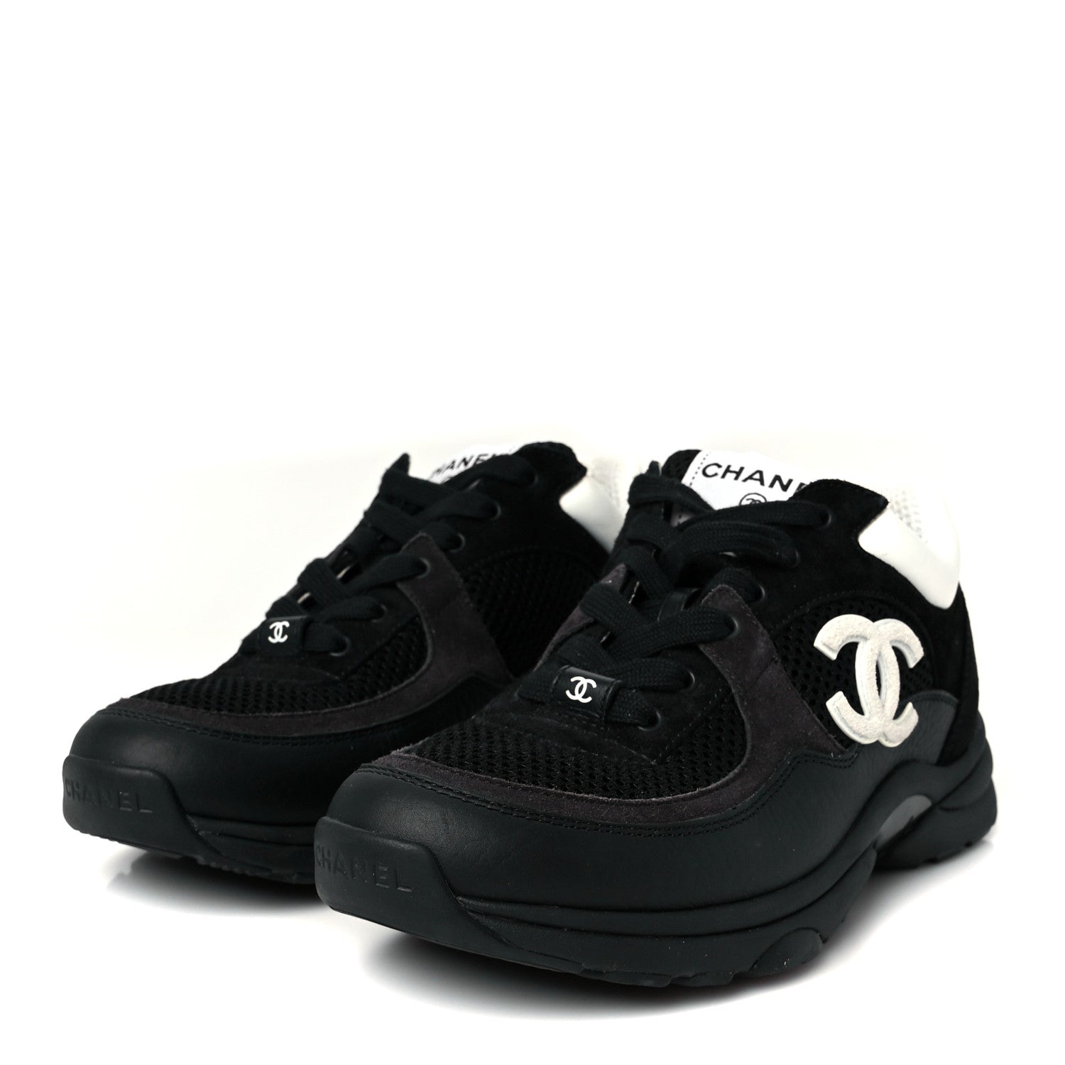 Chanel Mesh Suede Grained Calfskin Womens CC Sneakers 37 Black White 4 of 10