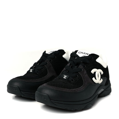 Chanel Mesh Suede Grained Calfskin Womens CC Sneakers 37 Black White 4 of 10
