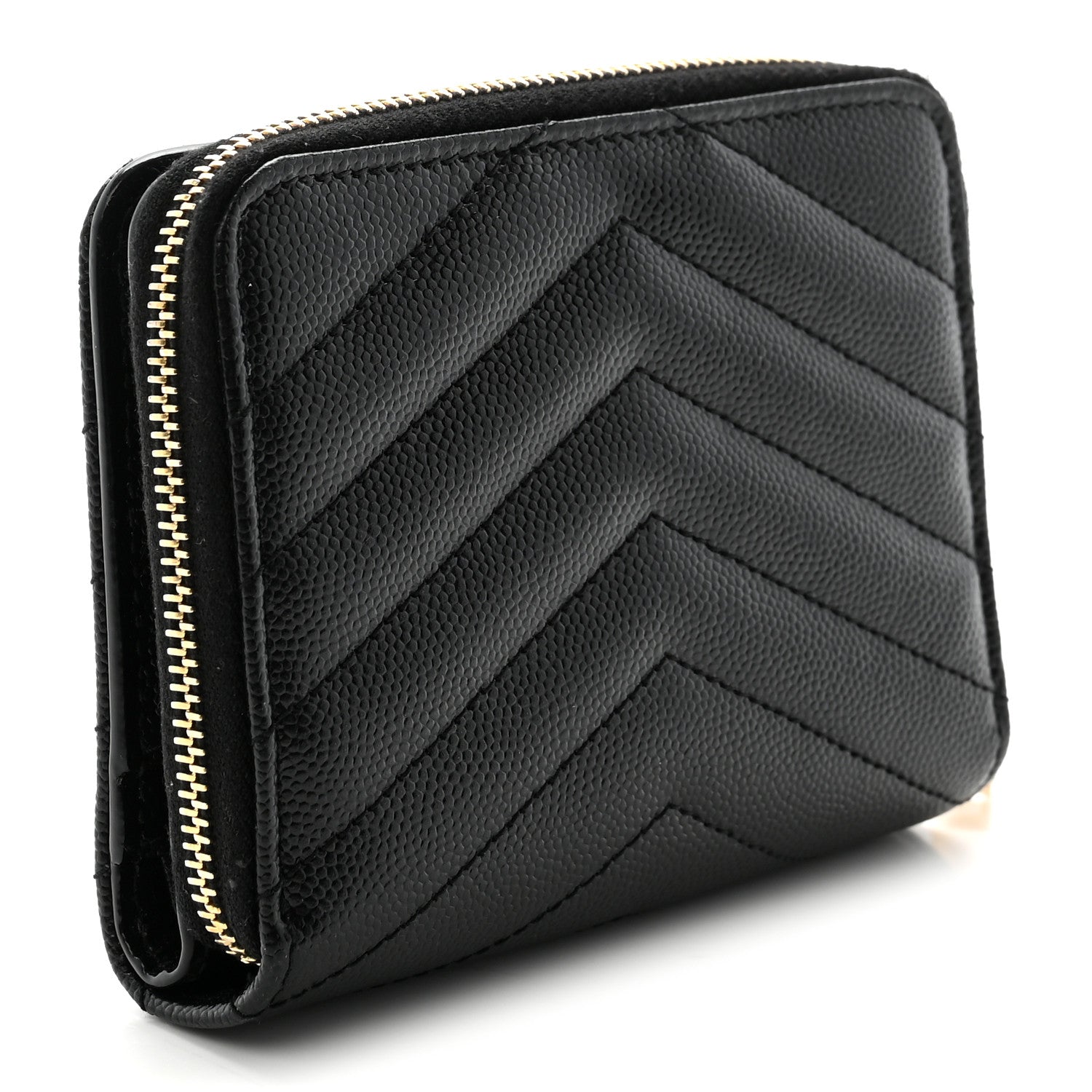 Saint Laurent Grain De Poudre Matelasse Chevron Monogram Compact Zip Around Wallet Black 3 of 6
