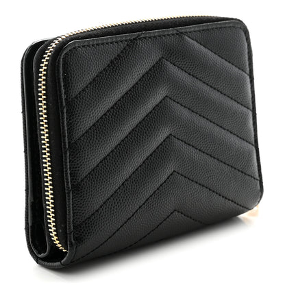 Saint Laurent Grain De Poudre Matelasse Chevron Monogram Compact Zip Around Wallet Black 3 of 6