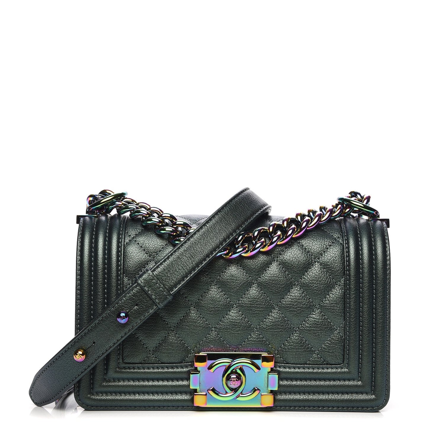 Iridescent Goatskin Quilted Small Boy Flap Green