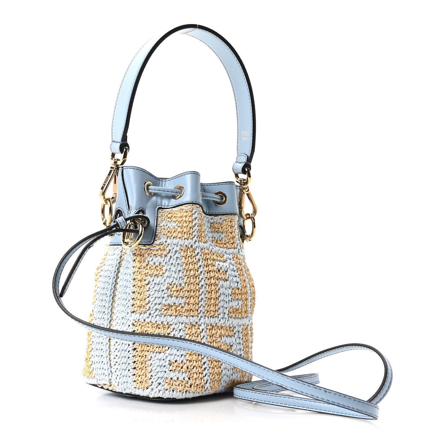 Fendi Raffia Vitello Seta F is Fendi FF Woven Mini Mon Tresor Bucket Bag Azzuro Natural 2 of 9