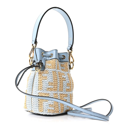 Fendi Raffia Vitello Seta F is Fendi FF Woven Mini Mon Tresor Bucket Bag Azzuro Natural 2 of 9