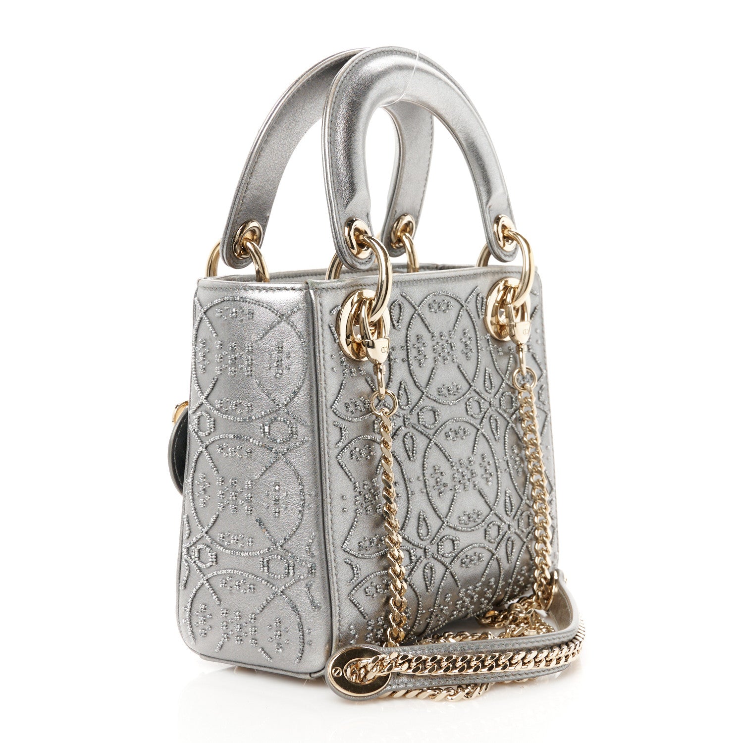 Christian Dior Metallic Lambskin Beaded Embroidered Mini Lady Dior Silver 3 of 11