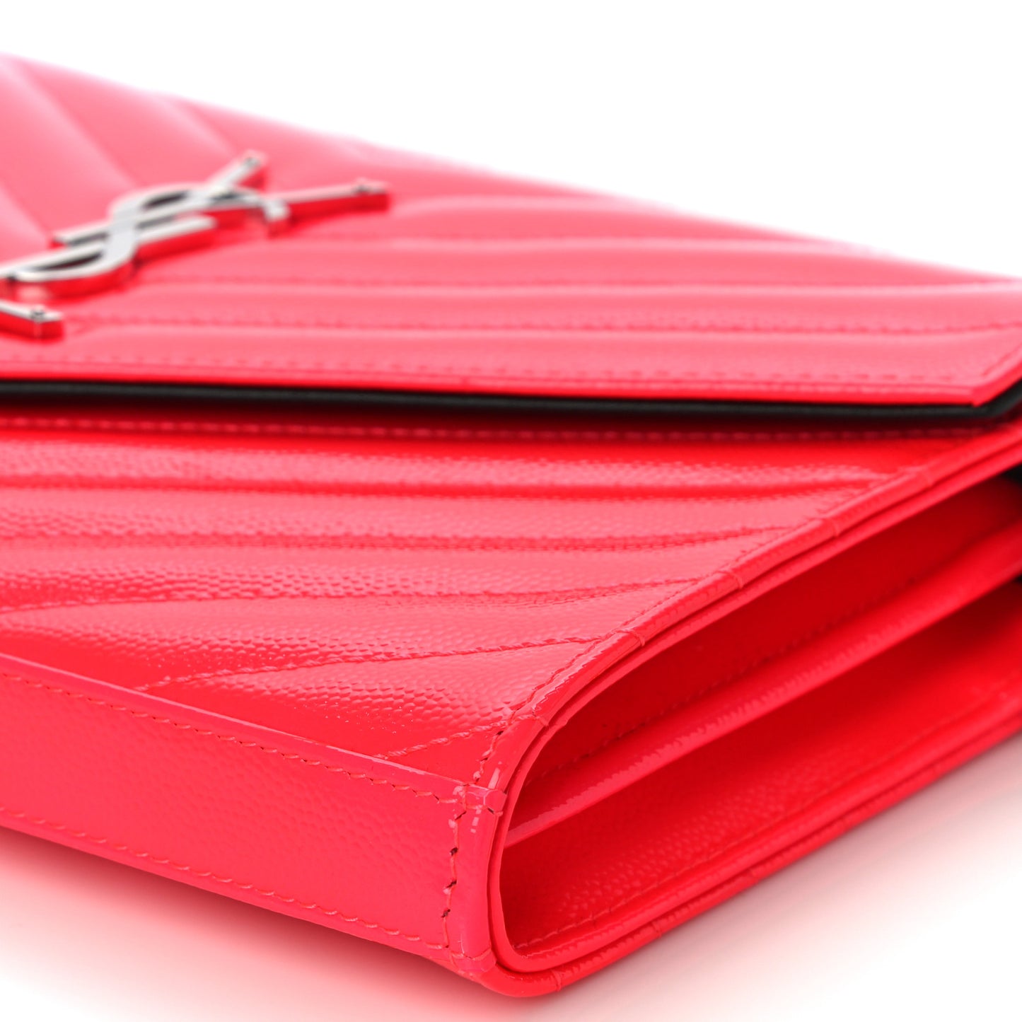 Patent Grain De Poudre Matelasse Chevron Monogram Chain Wallet Neon Pink