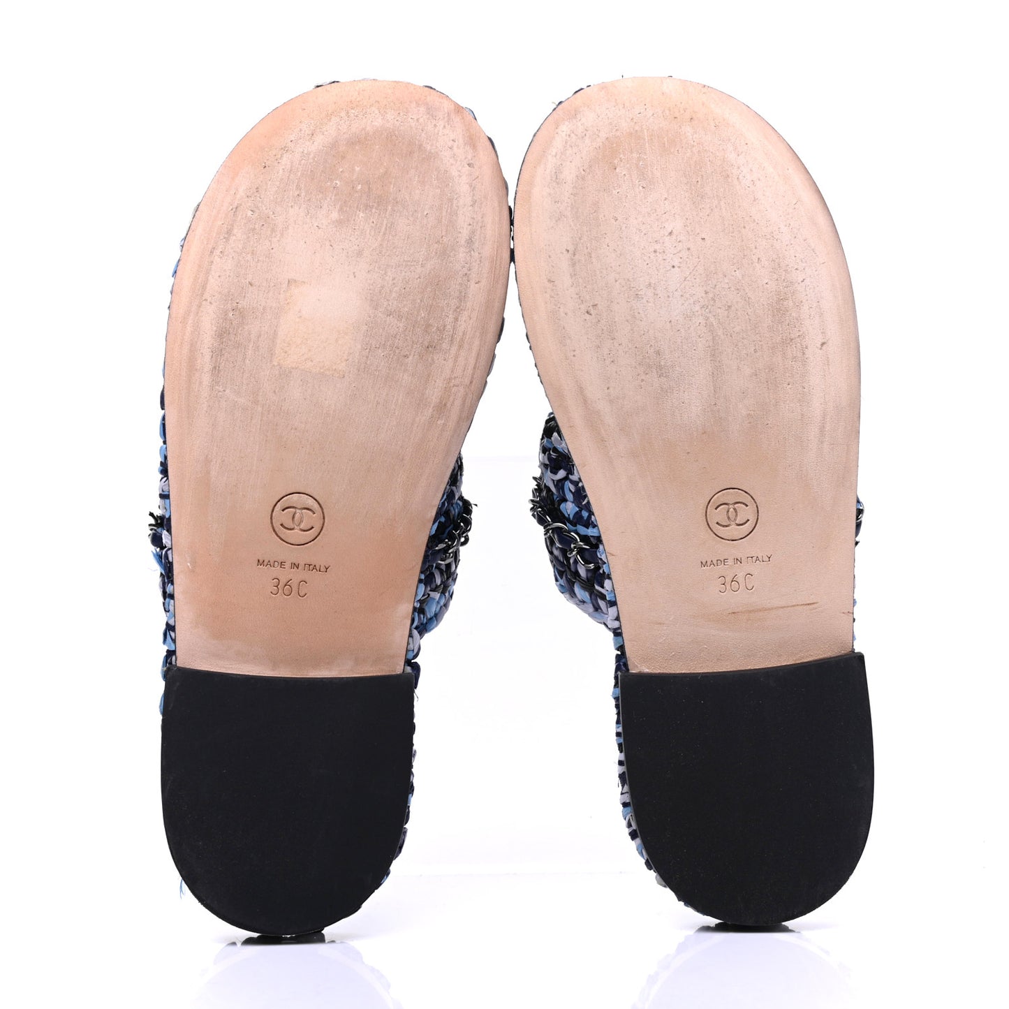 Lambskin Raffia Chain Flat Sandals 36 Blue Black