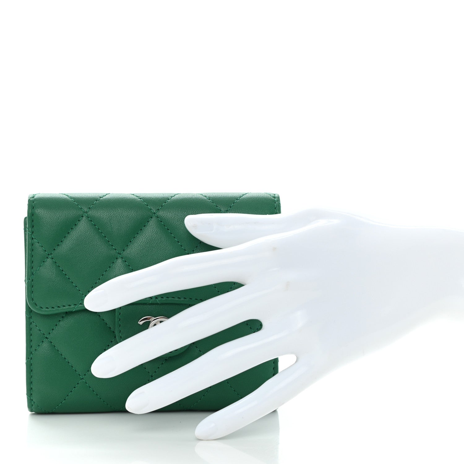 Chanel Lambskin Quilted Compact Flap Wallet Green 2 of 11