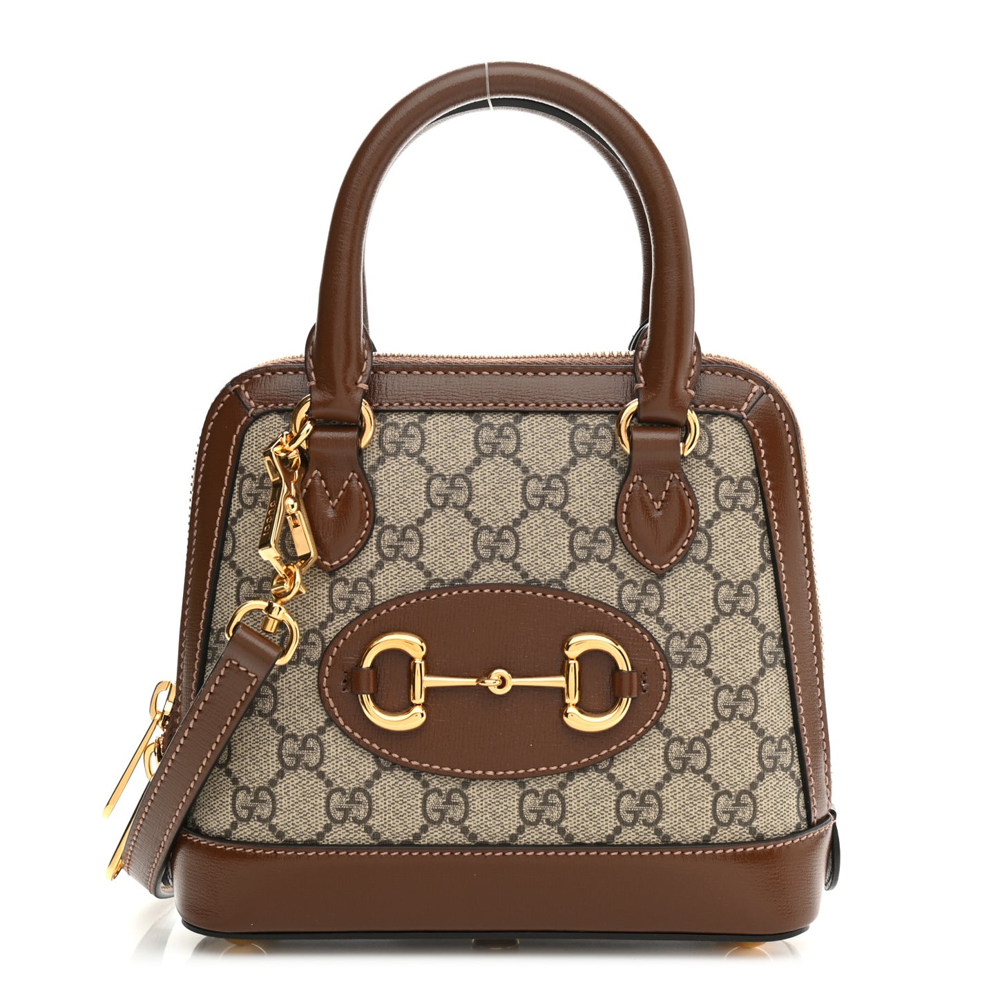 GG Supreme Monogram Azalea Calfskin Mini Horsebit 1955 Top Handle Bag Beige Ebony Brown Sugar