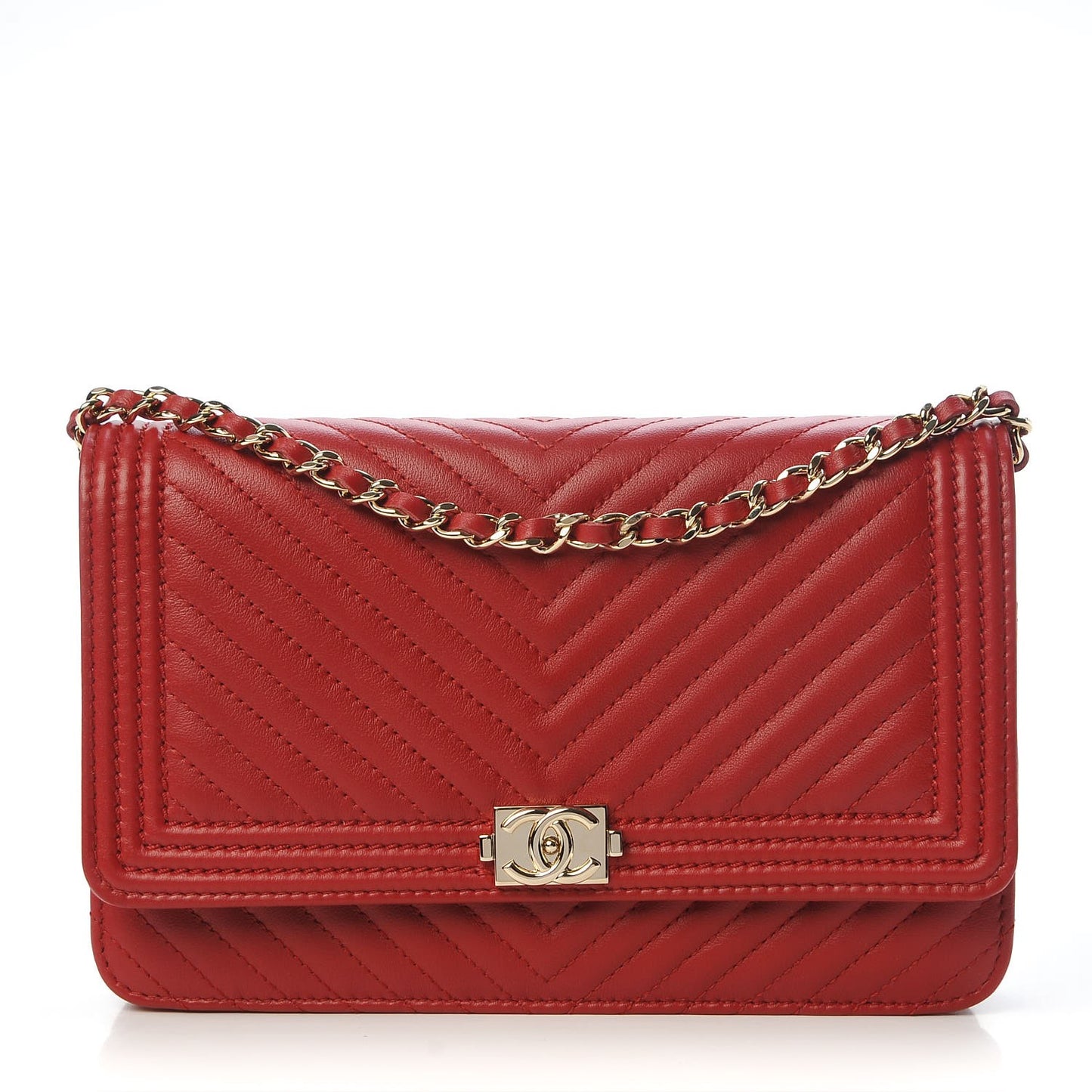 Calfskin Chevron Quilted Boy Wallet On Chain WOC Red
