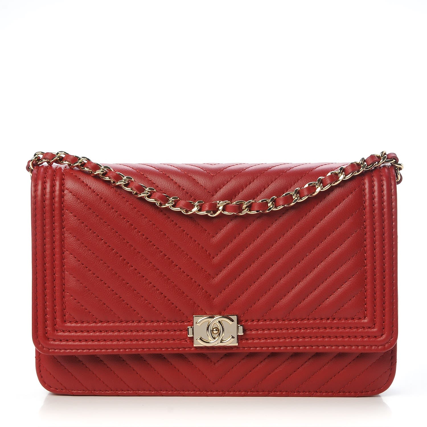 Chanel Calfskin Chevron Quilted Boy Wallet On Chain WOC Red 1 of 9