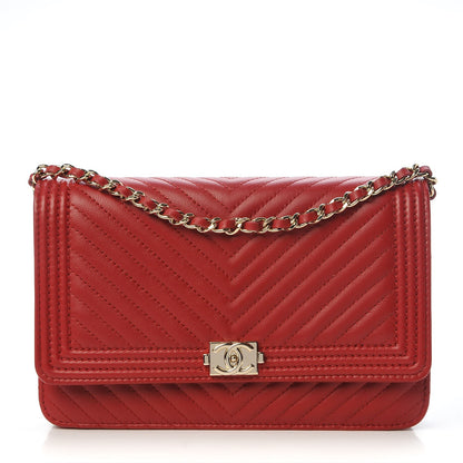 Chanel Calfskin Chevron Quilted Boy Wallet On Chain WOC Red 1 of 9