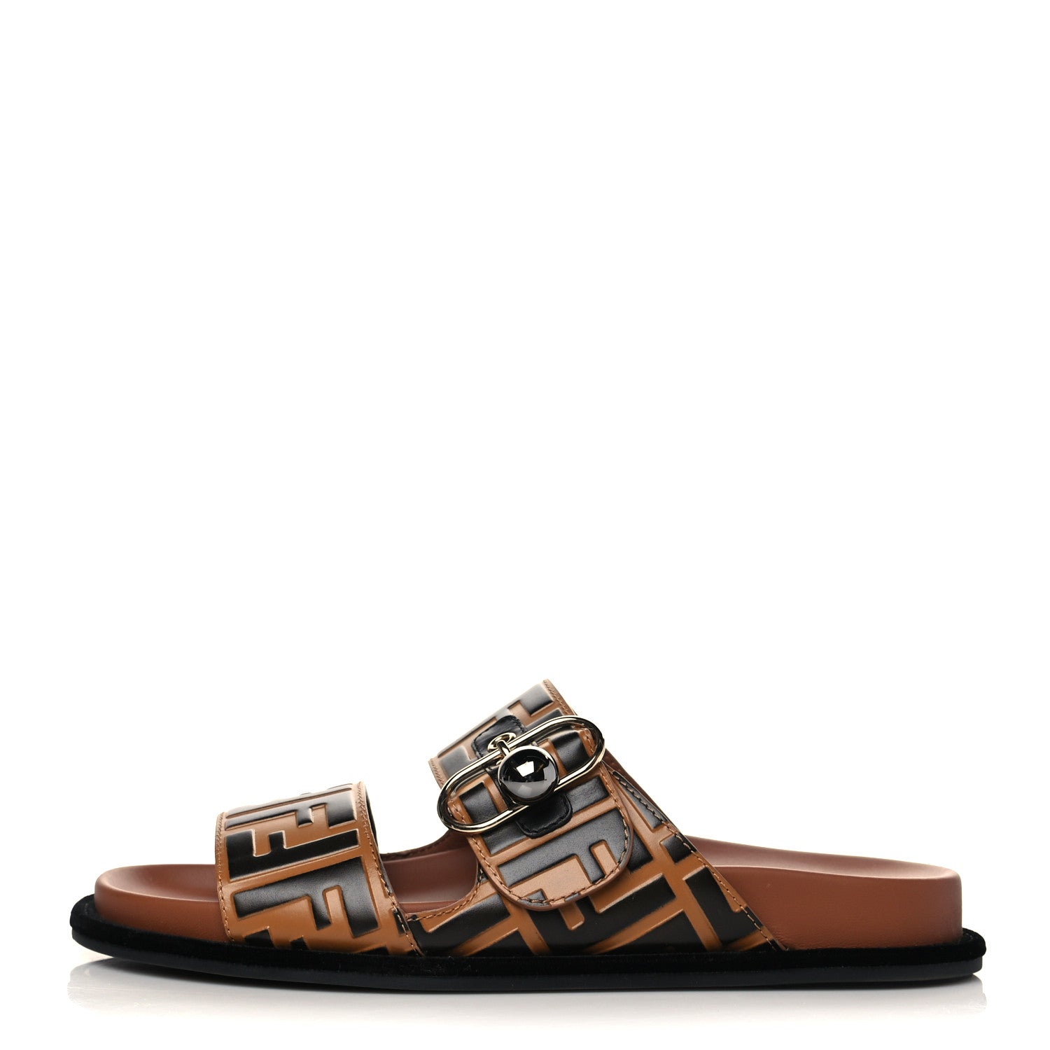 Fendi Calfskin FF Embossed Pearland Slide Sandals 39 Tobacco Moro 1 of 8