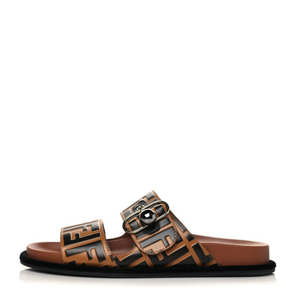 Fendi Calfskin FF Embossed Pearland Slide Sandals 39 Tobacco Moro 1 of 8