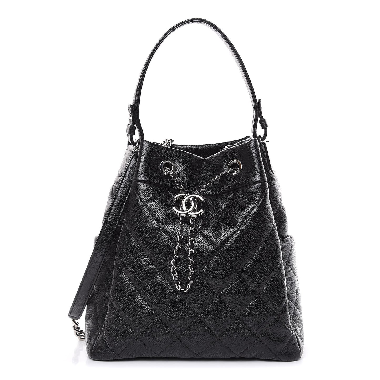 Grained Calfskin Quilted Medium CC Chain Bucket Drawstring Bag Black