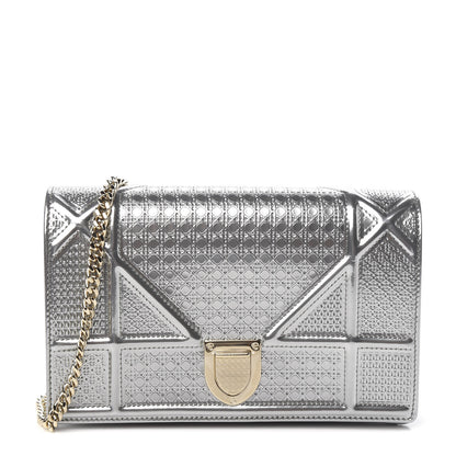 Christian Dior Metallic Patent Micro-Cannage Diorama Wallet on Chain Pouch Silver 1 of 10
