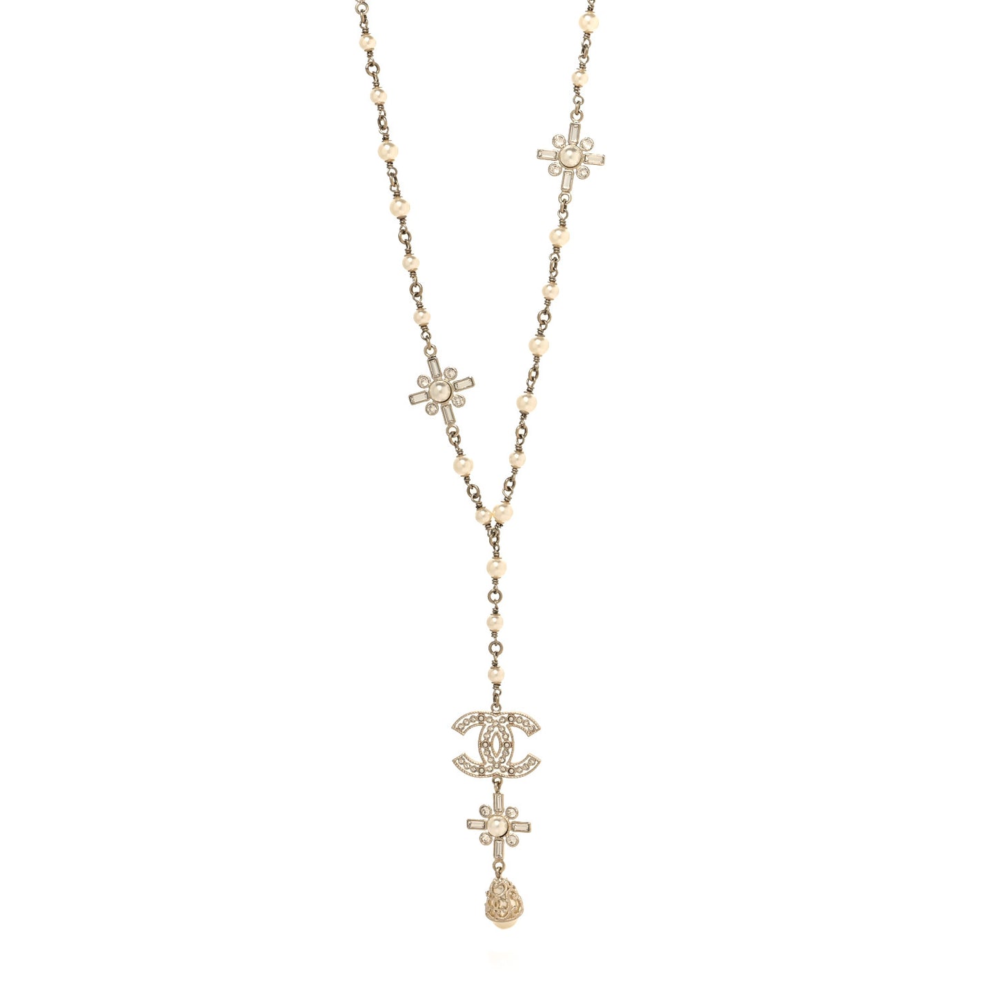 Crystal Baguette Pearl CC Cross Drop Pendant Necklace Gold