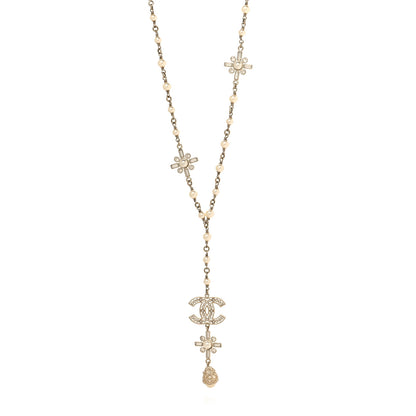 Chanel Crystal Baguette Pearl CC Cross Drop Pendant Necklace Gold 1 of 5