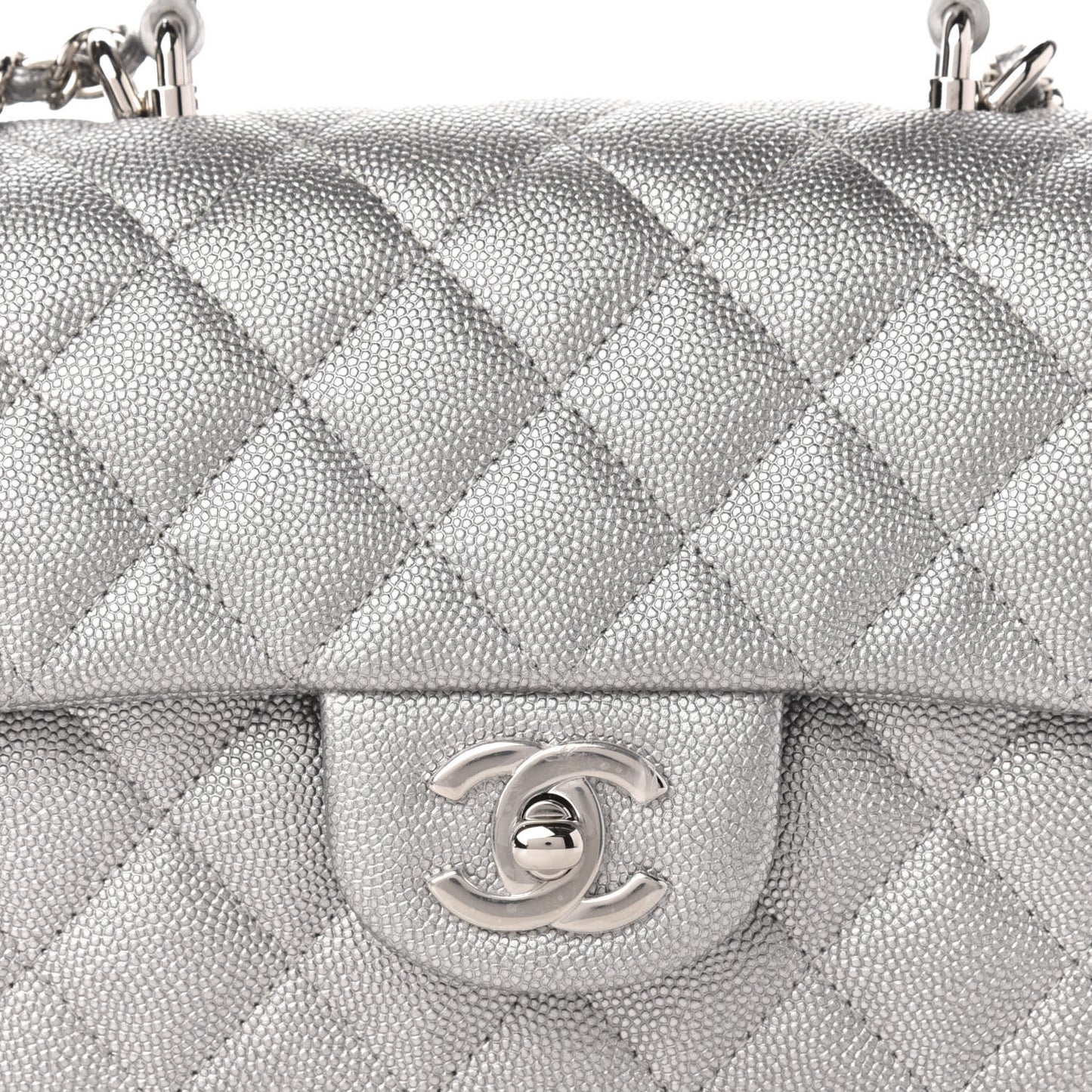 Metallic Caviar Quilted Mini Top Handle Rectangular Flap Silver