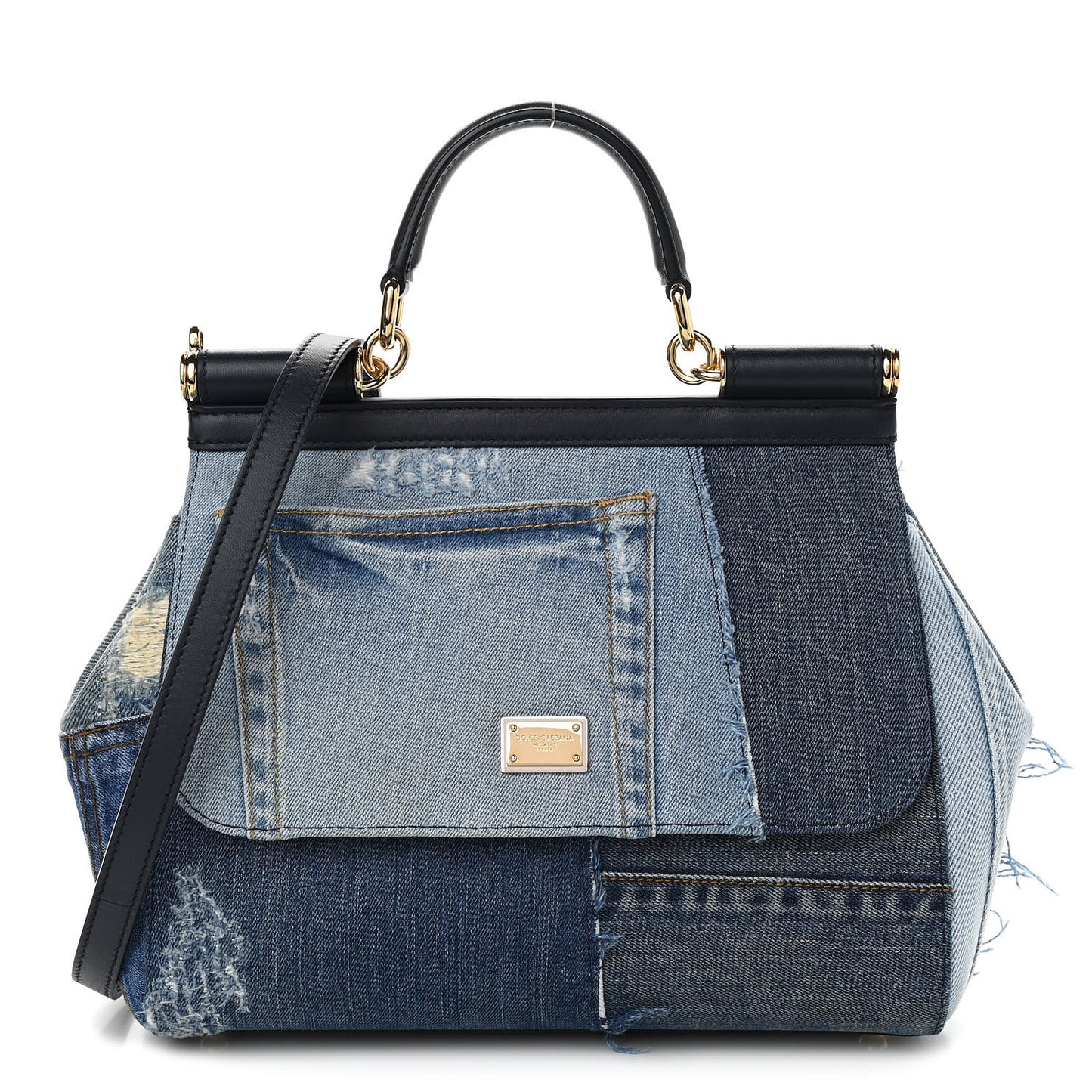 Calfskin Denim Patchwork Medium Miss Sicily Satchel Blue