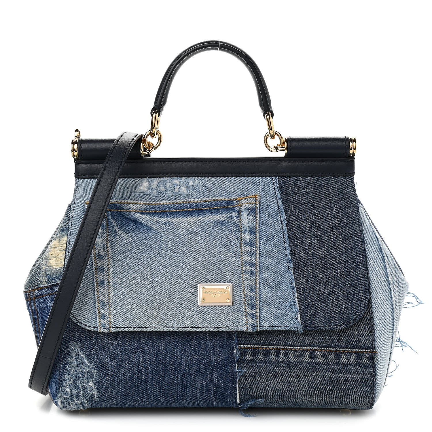 Dolce & Gabbana Calfskin Denim Patchwork Medium Miss Sicily Satchel Blue 1 of 10