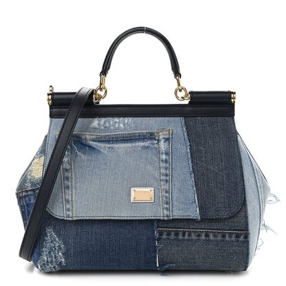 Dolce & Gabbana Calfskin Denim Patchwork Medium Miss Sicily Satchel Blue 1 of 10