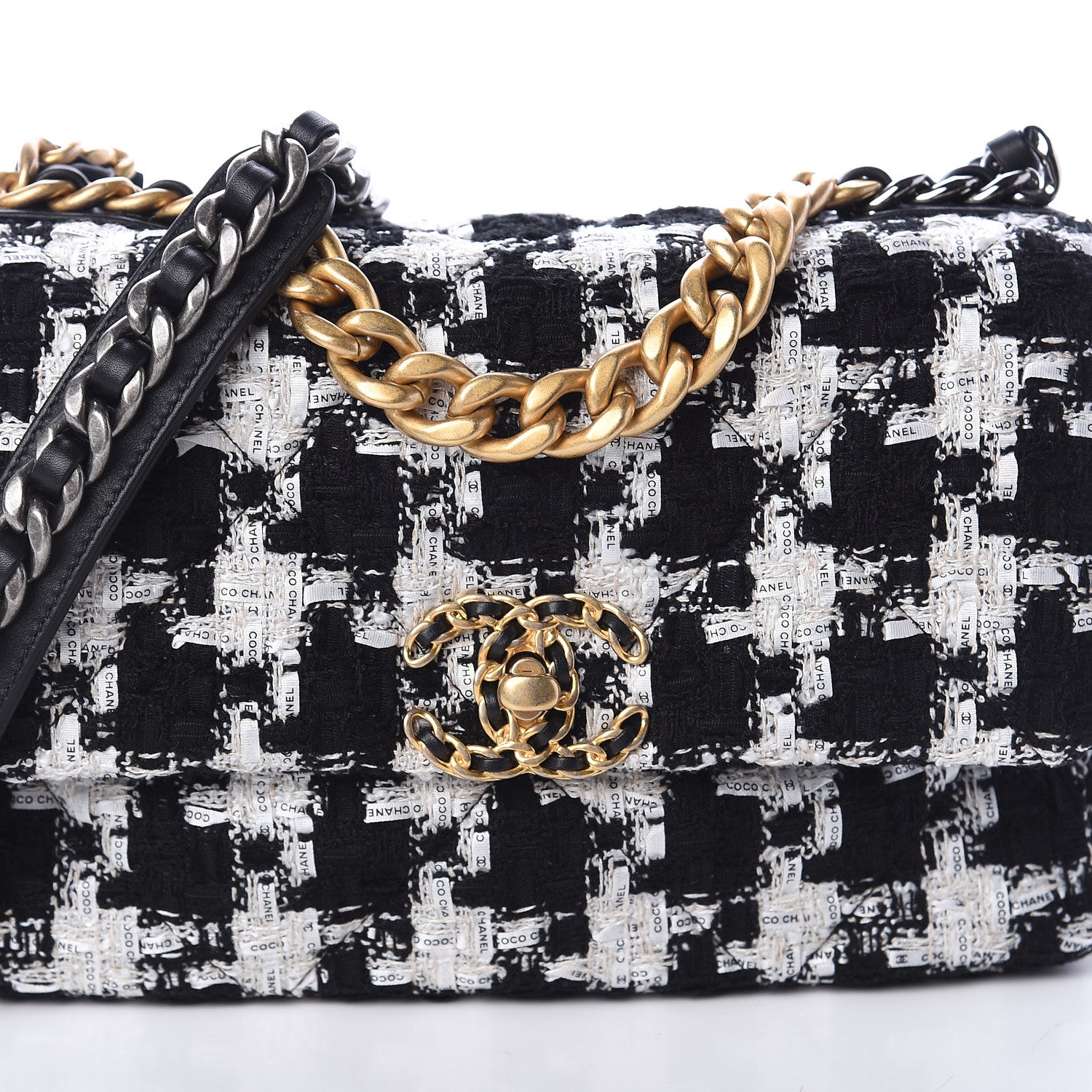 Chanel Tweed Quilted Medium 19 Flap Black Ecru White 7 of 9