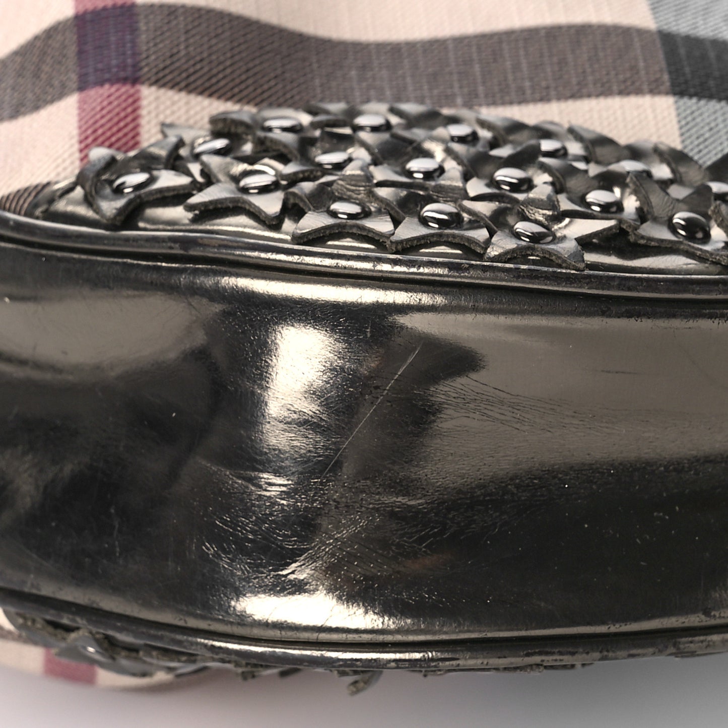 Metallic Nova Check Patent Hobo Pewter