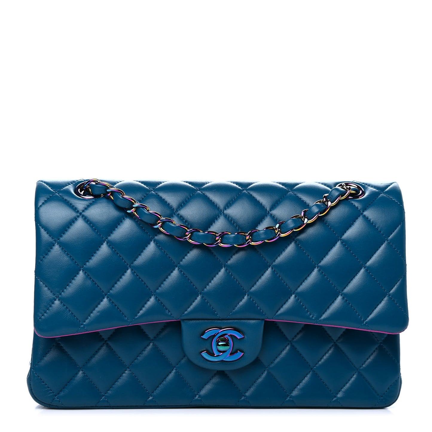 Lambskin Quilted Medium Double Flap Blue Pink