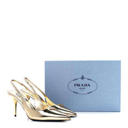 Prada Metallic Calfskin Metal Triangle Logo 85mm Slingback Pumps 38 Platino 8 of 8