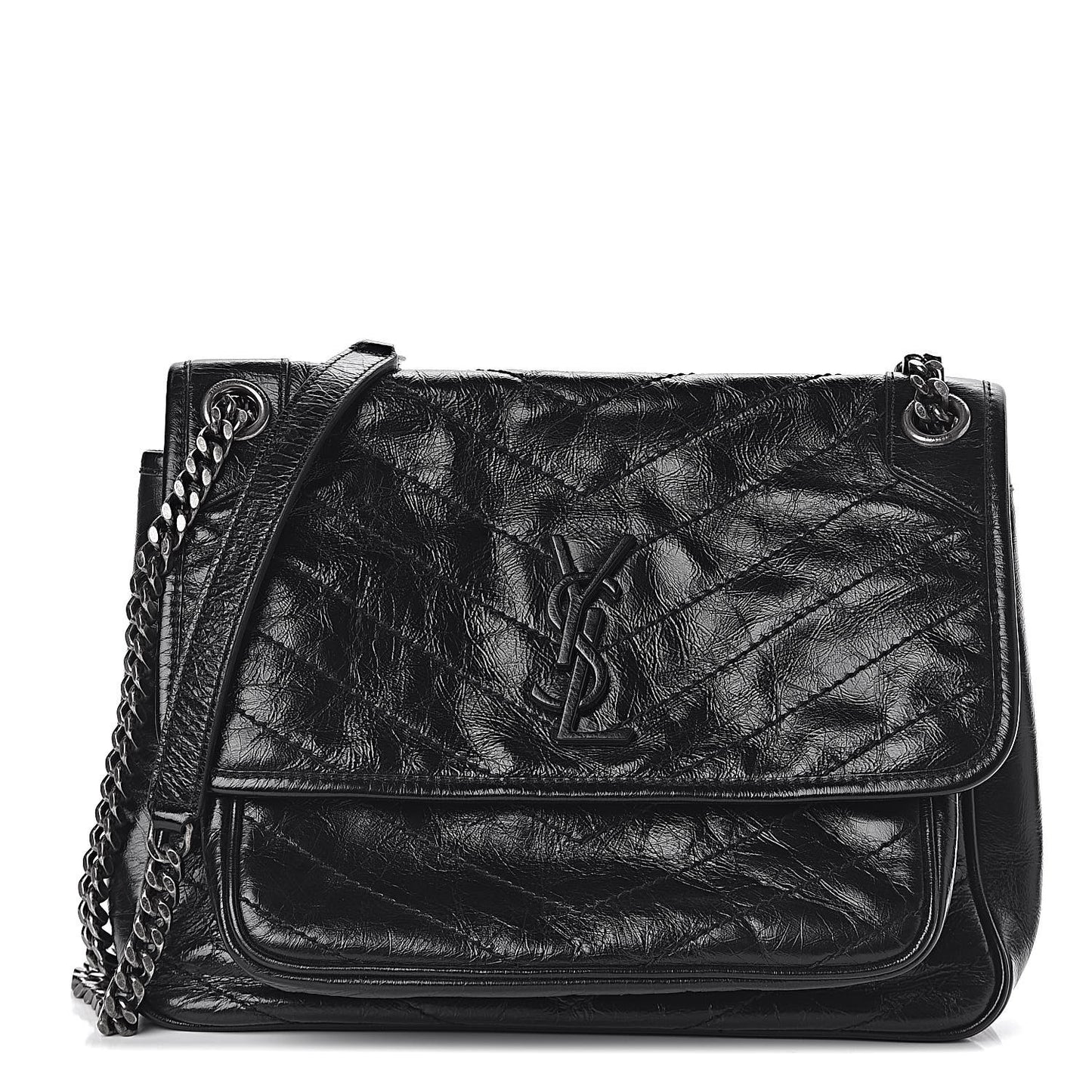 Crinkled Calfskin Matelasse Monogram Medium Niki Chain Satchel Black