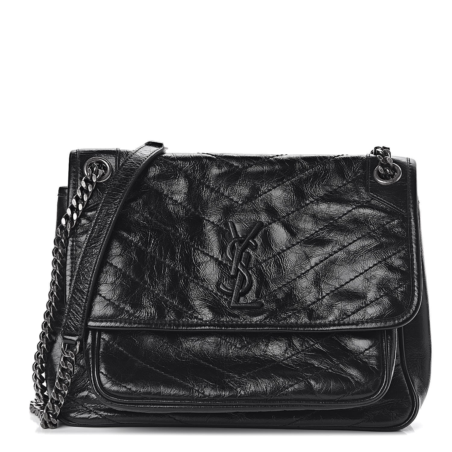 Saint Laurent Crinkled Calfskin Matelasse Monogram Medium Niki Chain Satchel Black 1 of 10