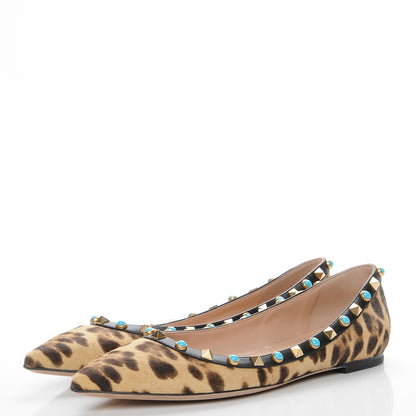 Valentino Garavani Calf Hair Leopard Print Rockstud Rolling Ballerina Flats 38 Champagne Testa di Moro 3 of 8