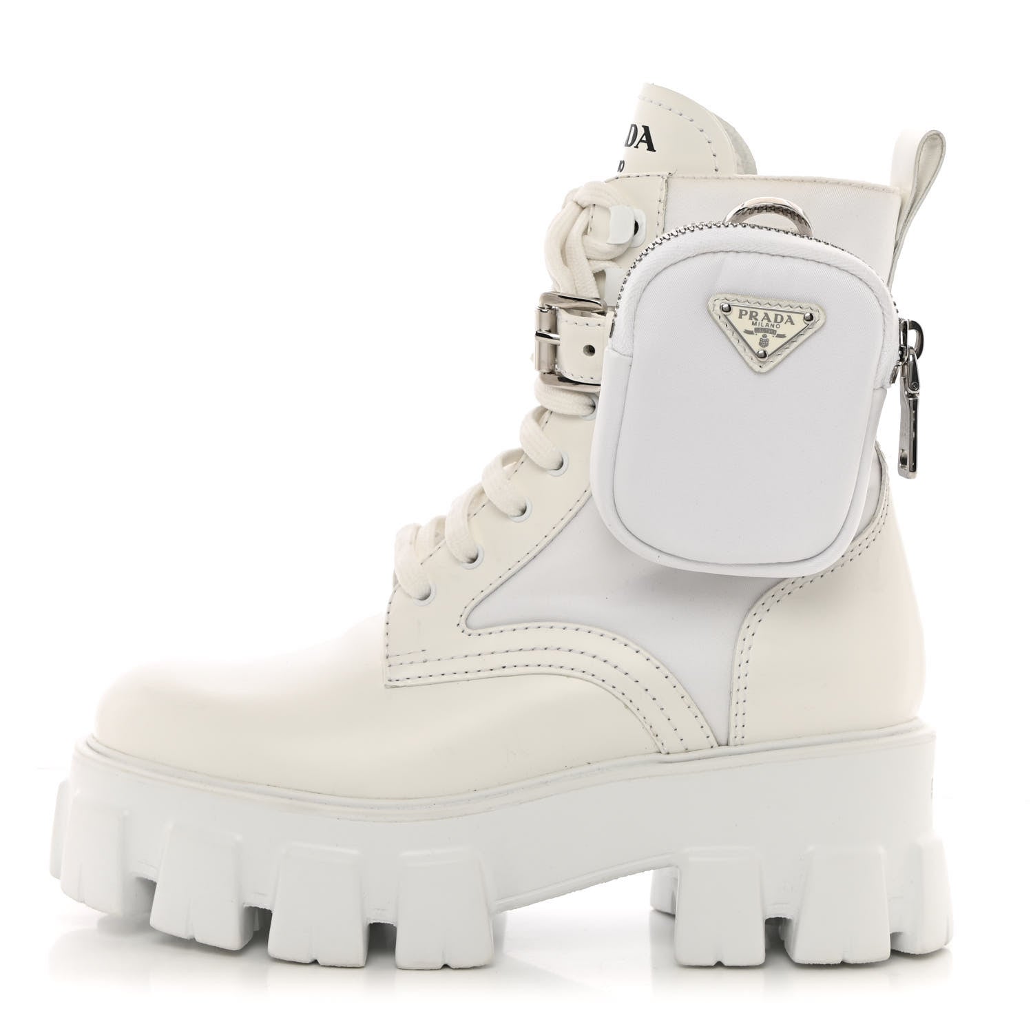 Prada Spazzolato Rois Re-Nylon Metal Triangle Logo Monolith Pouch Pocket 55mm Boots 35 White 1 of 16