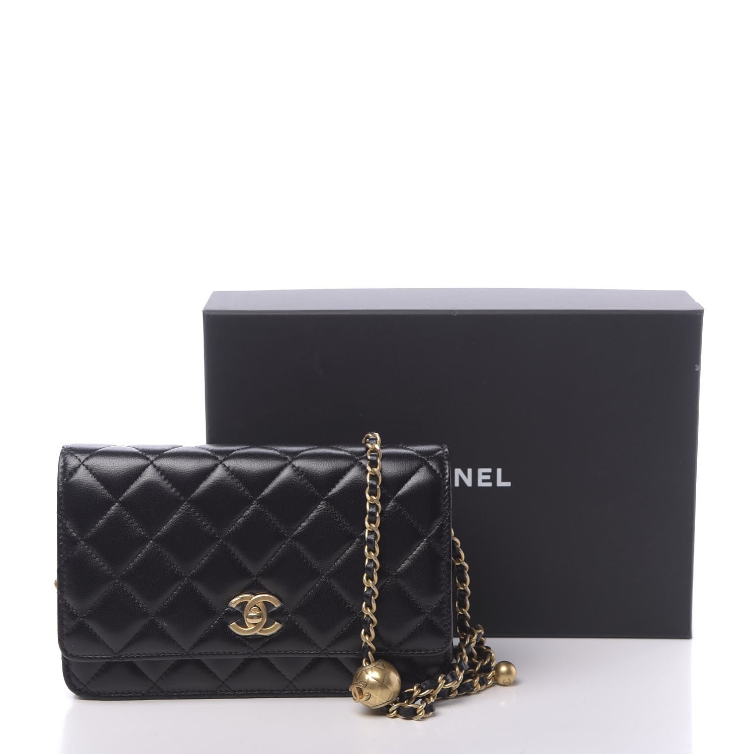 Chanel Lambskin Quilted CC Pearl Crush Wallet on Chain WOC Black 13 of 13
