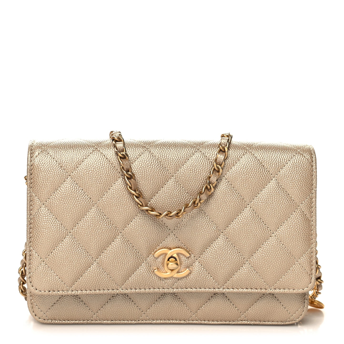 Metallic Caviar Quilted Wallet On Chain WOC Gold