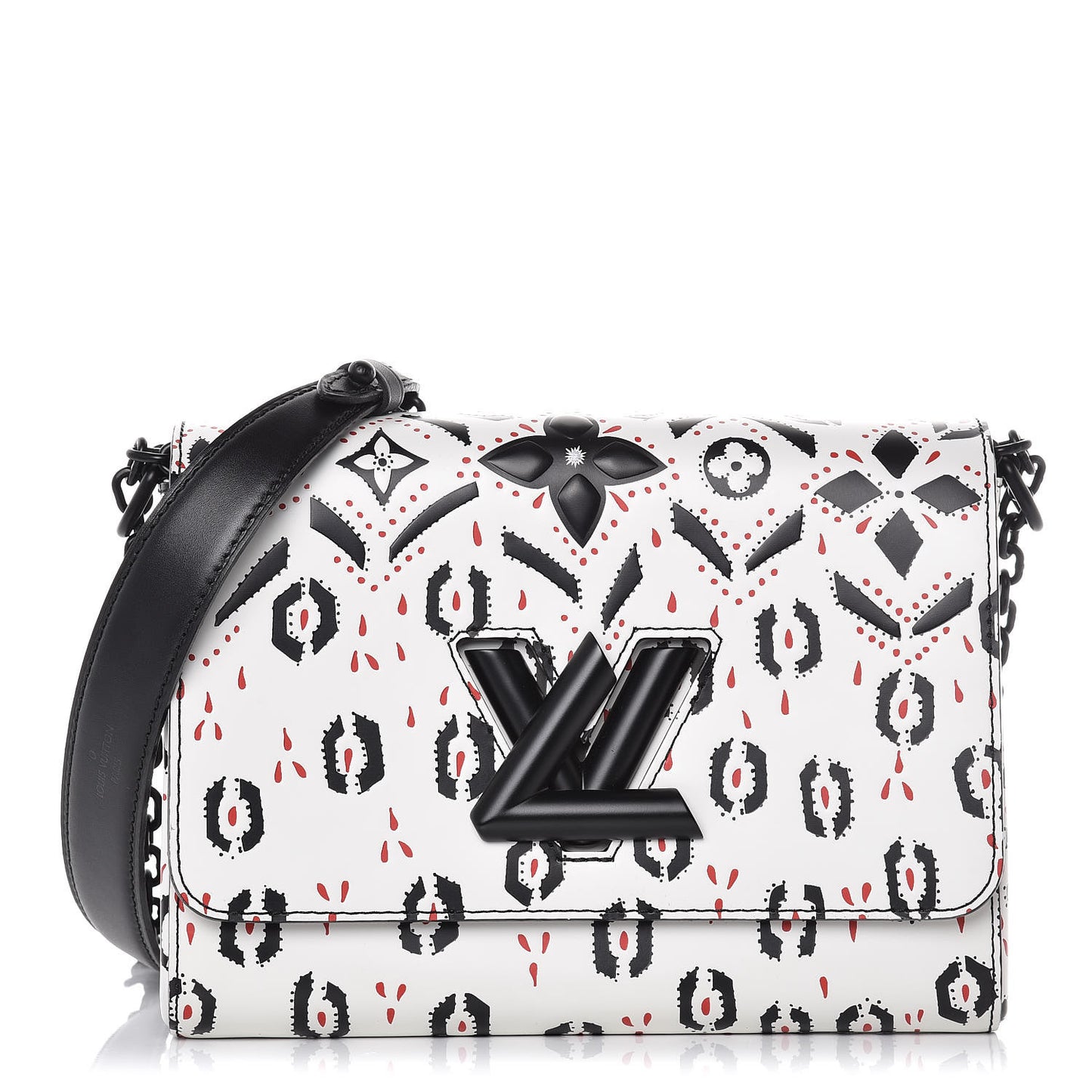 Calfskin Graphic Print Twist Shoulder Bag MM White Black