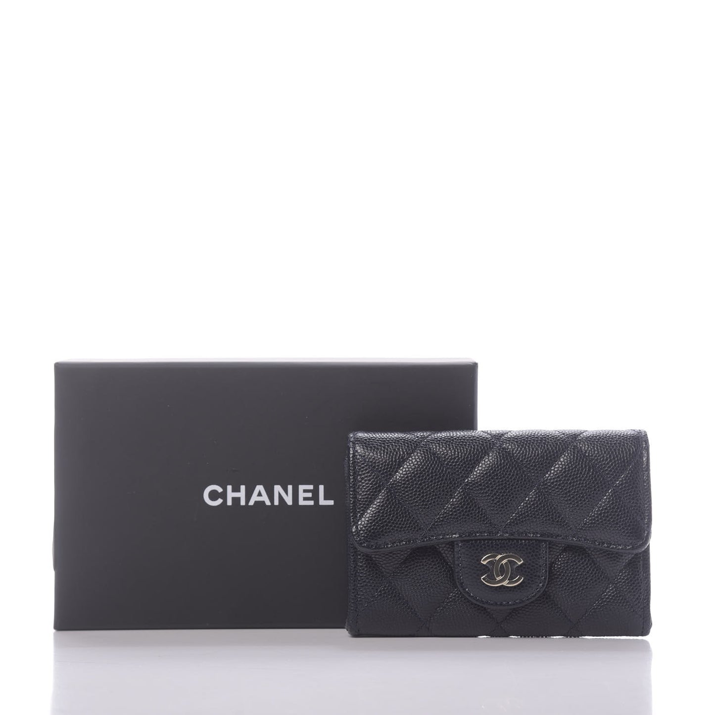 Caviar Quilted Flap Card Holder Wallet Navy Blue