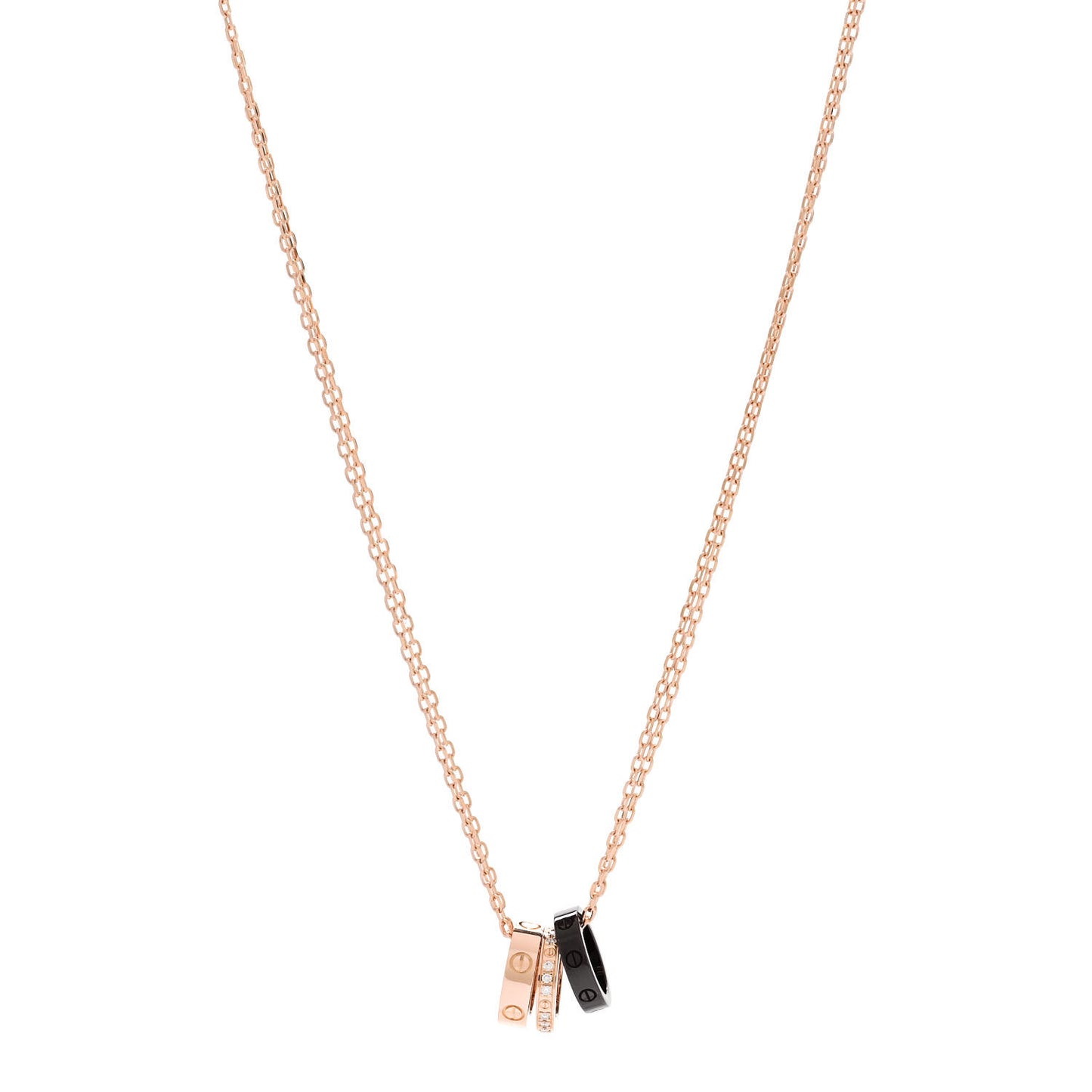 18K Pink Gold Ceramic Diamond Three Ring LOVE Pendant Necklace