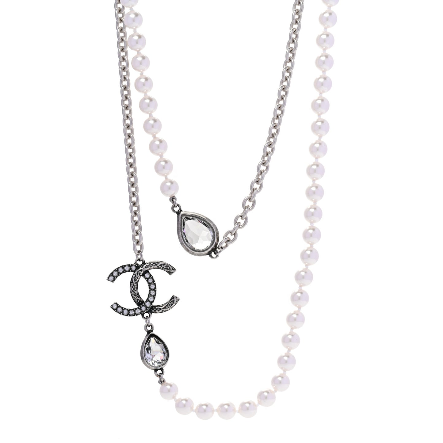 Pearl Crystal CC Long Necklace Silver