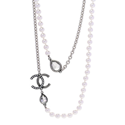 Chanel Pearl Crystal CC Long Necklace Silver 1 of 6