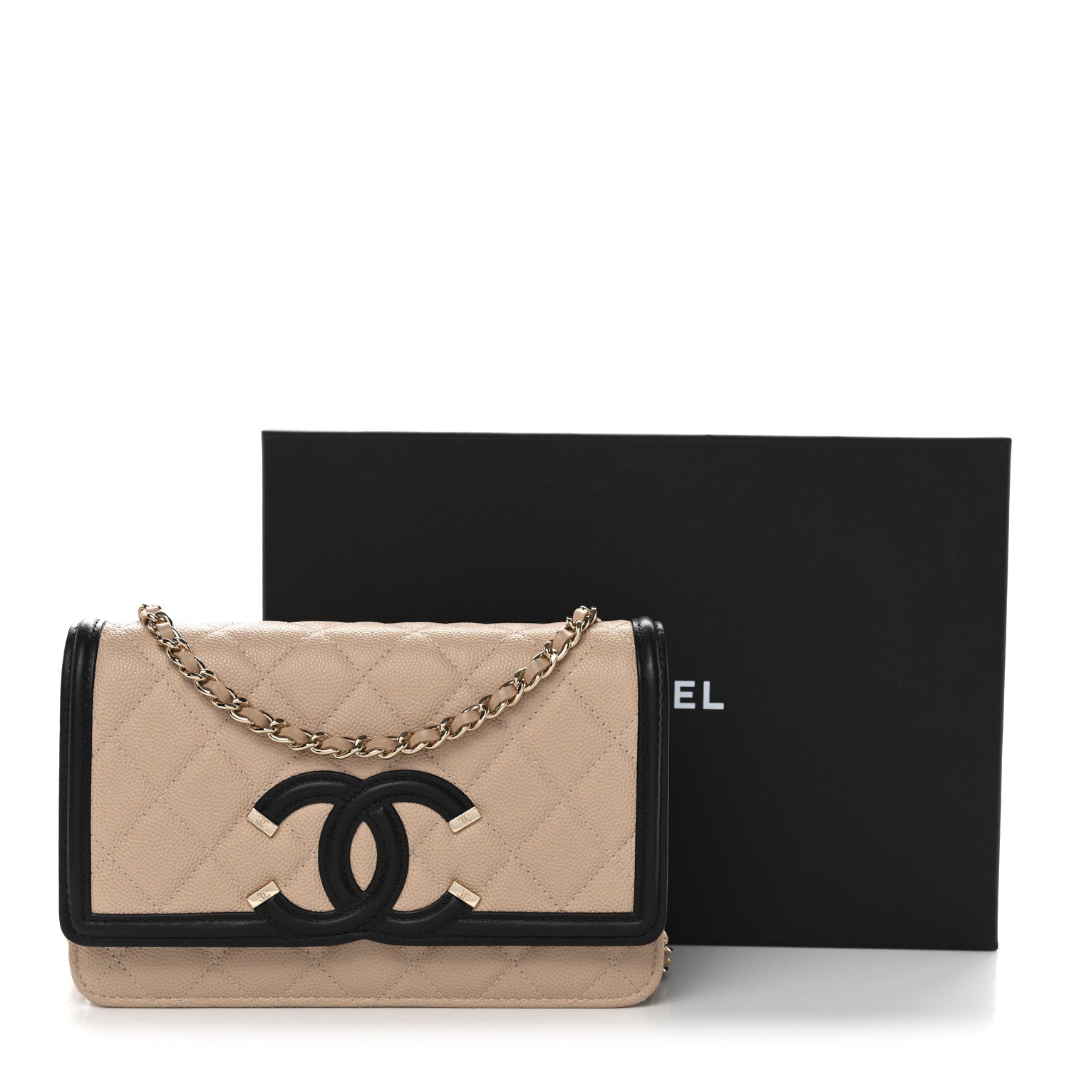Chanel Caviar Quilted CC Filigree Wallet On Chain WOC Beige Black 13 of 13