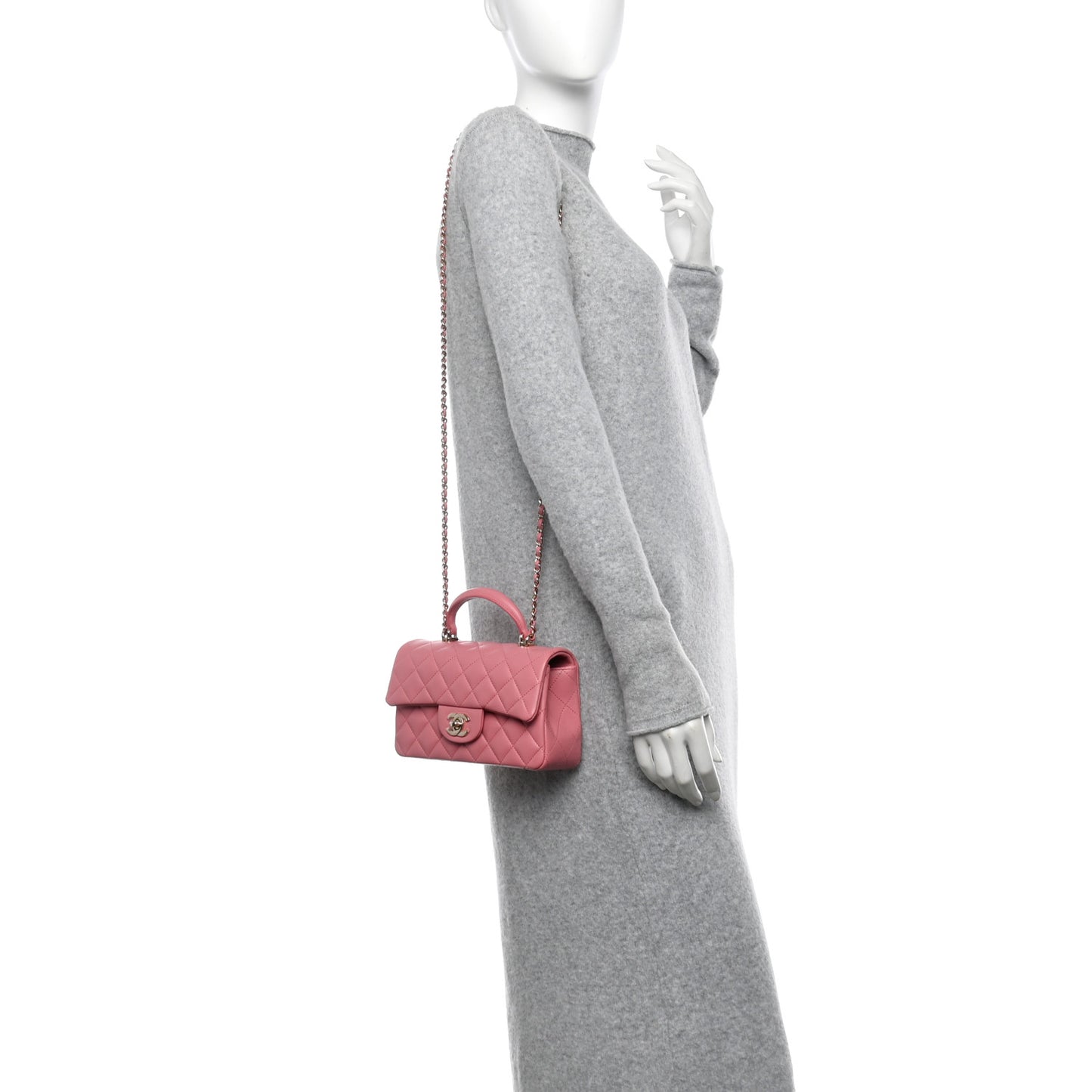 Lambskin Quilted Mini Top Handle Rectangular Flap Pink