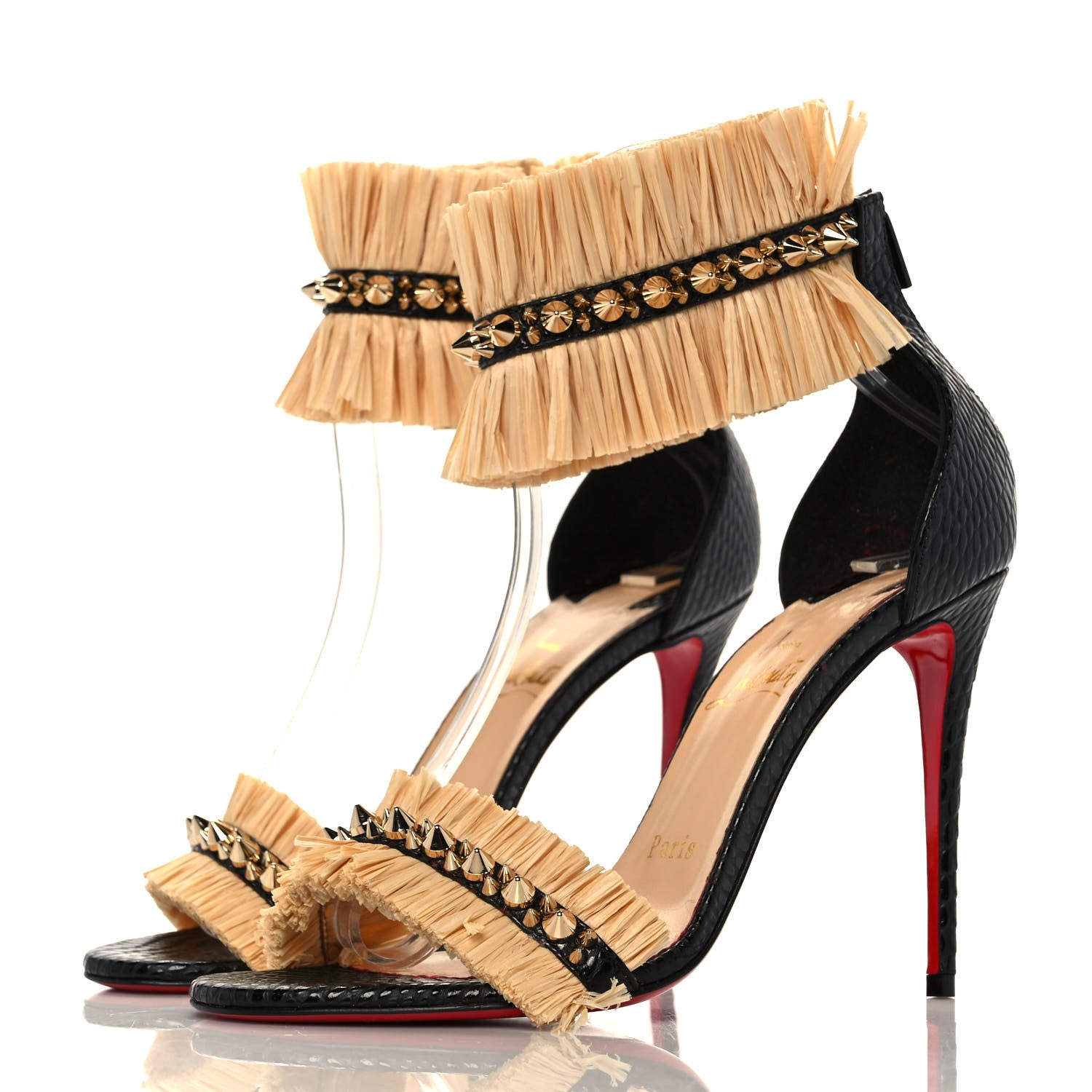 Christian Louboutin Raffia Calfskin Snake Print Poupedou 100 Sandals 37 Black Savane 3 of 7