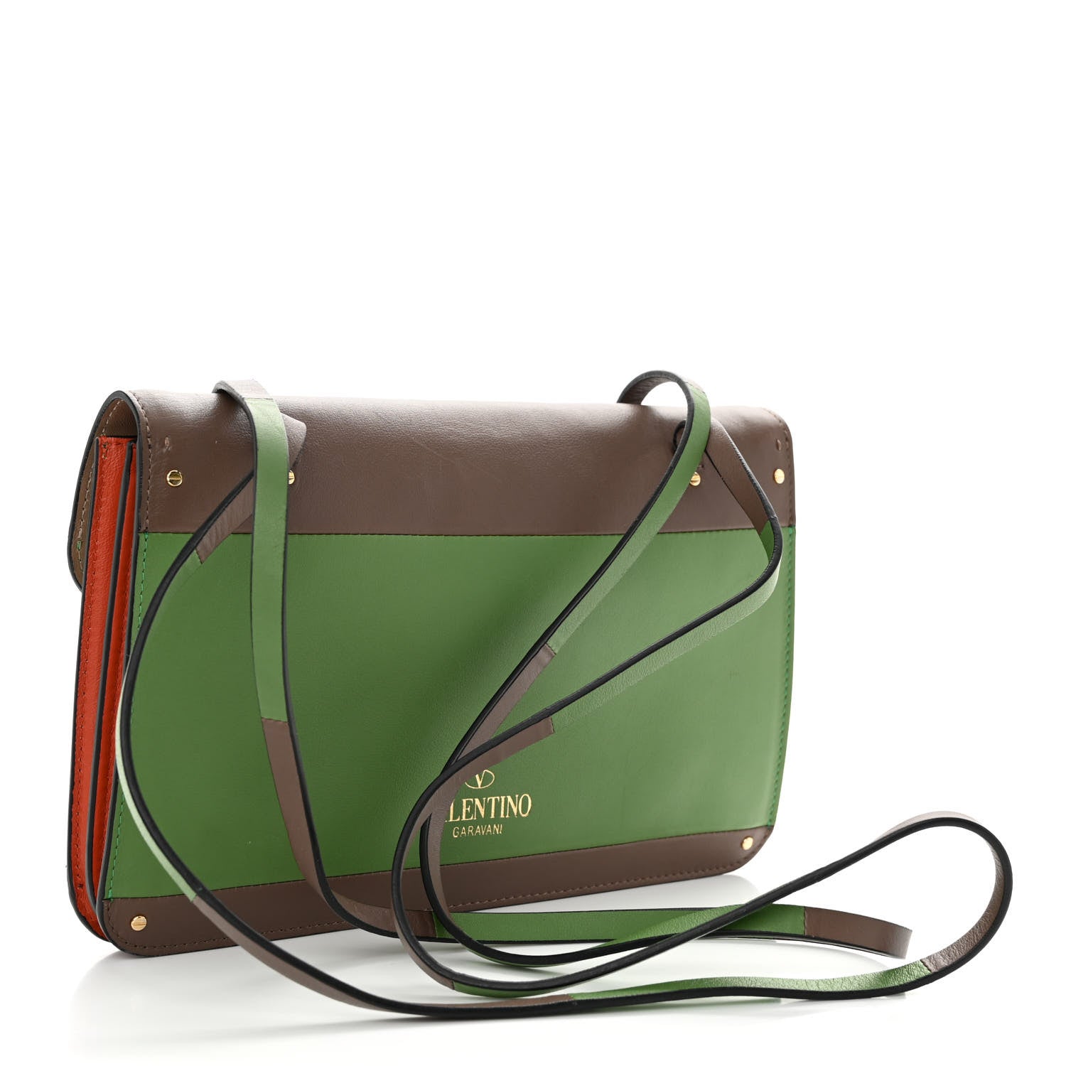 Valentino Garavani Calfskin Rivet Colorblock Double Handle Shoulder Bag Brown Green 3 of 12